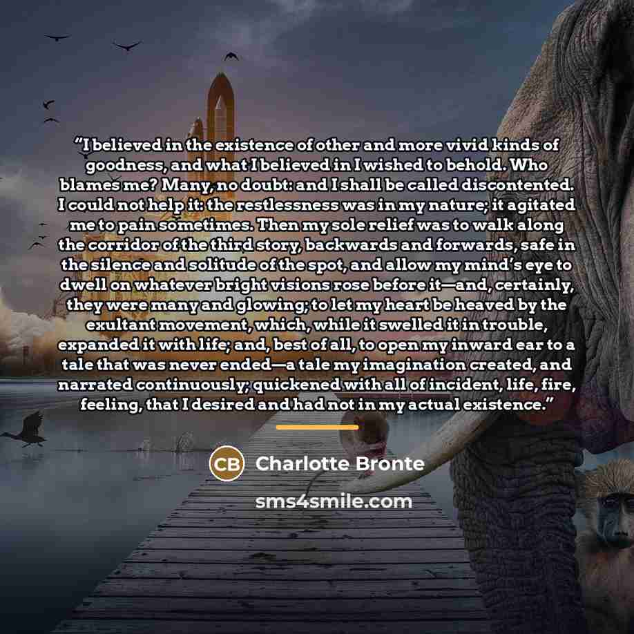 “I believed in the existence of other and more vivid kinds of goodness, and what I believed in I wished to behold. Who blames me? Many, no doubt: and I shall be called discontented. I could not help it: the restlessness was in my nature; it agitated me to pain sometimes. Then my sole relief was to…” quote by Charlotte Brontë