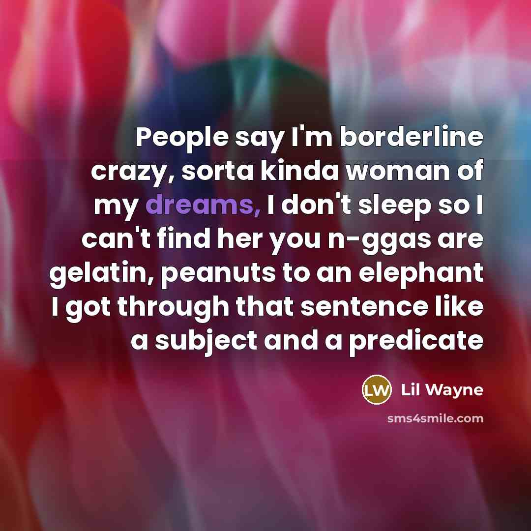 “People say I'm borderline crazy, sorta kinda woman of my dreams, I don't sleep so I can't find her you n-ggas are gelatin, peanuts to an elephant I got through that sentence like a subject and a predicate” quote by Lil Wayne