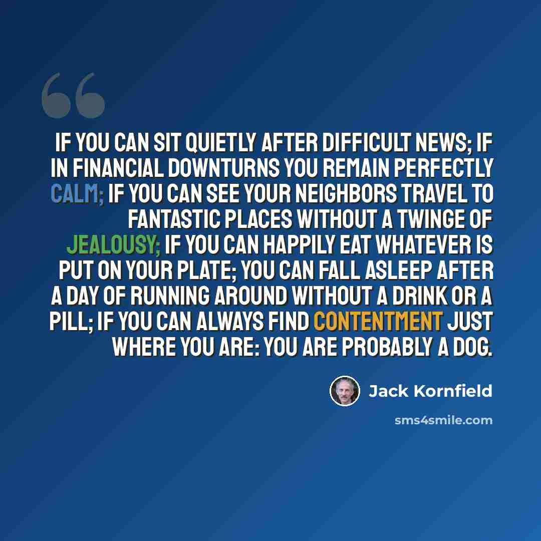“If you can sit quietly after difficult news; if in financial downturns you remain perfectly calm; if you can see your neighbors travel to fantastic places without a twinge of jealousy; if you can happily eat whatever is put on your plate; you can fall asleep after a day of running around without a…” quote by Jack Kornfield
