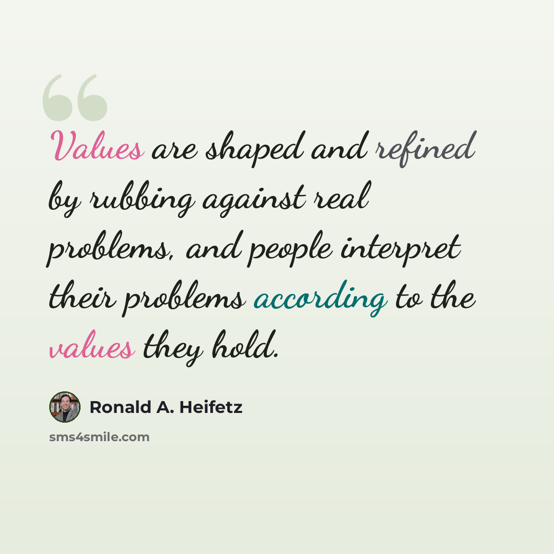 “Values are shaped and refined by rubbing against real problems, and people interpret their problems according to the values they hold.” quote by Ronald A. Heifetz