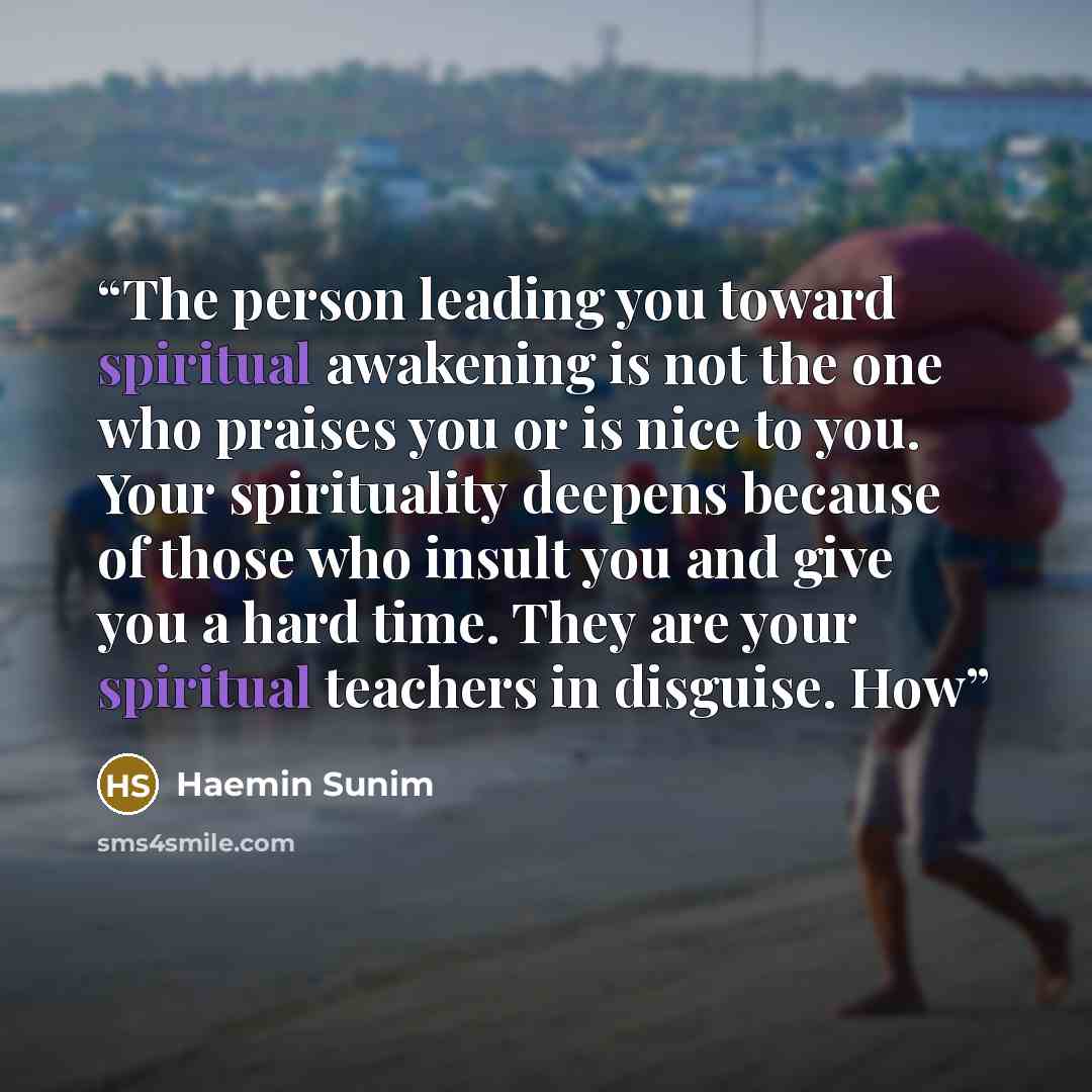 “The person leading you toward spiritual awakening is not the one who praises you or is nice to you. Your spirituality deepens because of those who insult you and give you a hard time. They are your spiritual teachers in disguise. How” quote by Haemin Sunim