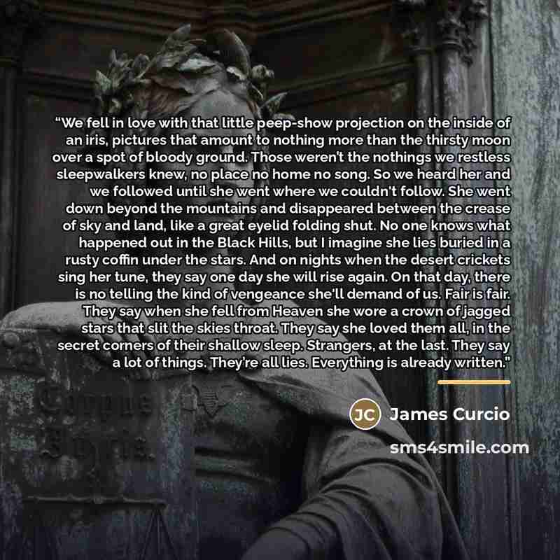 “We fell in love with that little peep-show projection on the inside of an iris, pictures that amount to nothing more than the thirsty moon over a spot of bloody ground. Those weren’t the nothings we restless sleepwalkers knew, no place no home no song. So we heard her and we followed until she…” quote by James Curcio