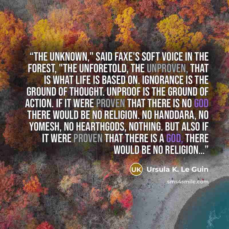 “The unknown," said Faxe's soft voice in the forest, "the unforetold, the unproven, that is what life is based on. Ignorance is the ground of thought. Unproof is the ground of action. If it were proven that there is no God there would be no religion. No Handdara, no Yomesh, no hearthgods, nothing…” quote by Ursula K. Le Guin