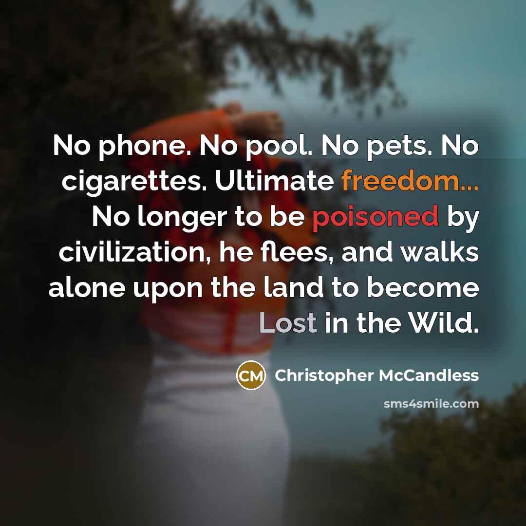 “No phone. No pool. No pets. No cigarettes. Ultimate freedom... No longer to be poisoned by civilization, he flees, and walks alone upon the land to become Lost in the Wild.” quote by Christopher McCandless