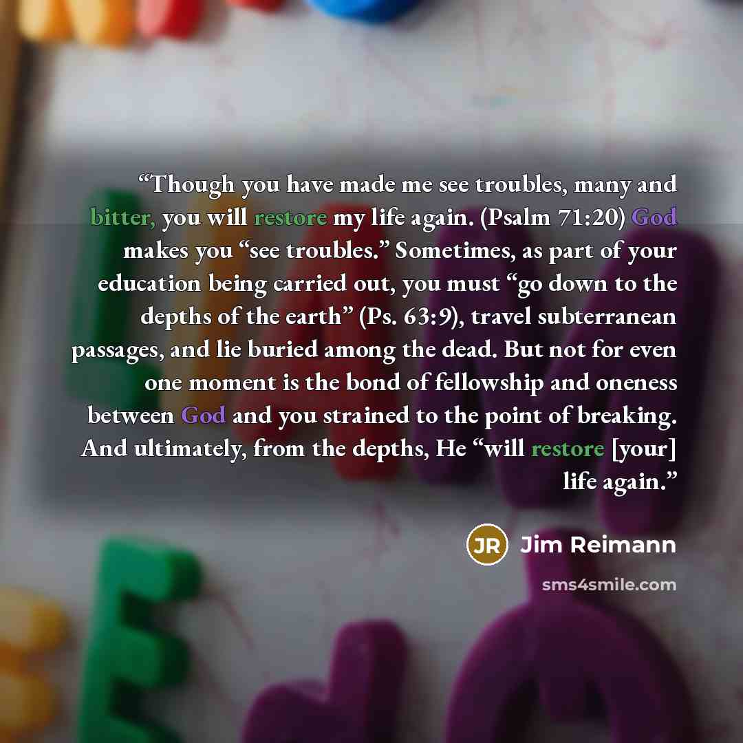 “Though you have made me see troubles, many and bitter, you will restore my life again. (Psalm 71:20) God makes you “see troubles.” Sometimes, as part of your education being carried out, you must “go down to the depths of the earth” (Ps. 63:9), travel subterranean passages, and lie buried among…” quote by Jim Reimann