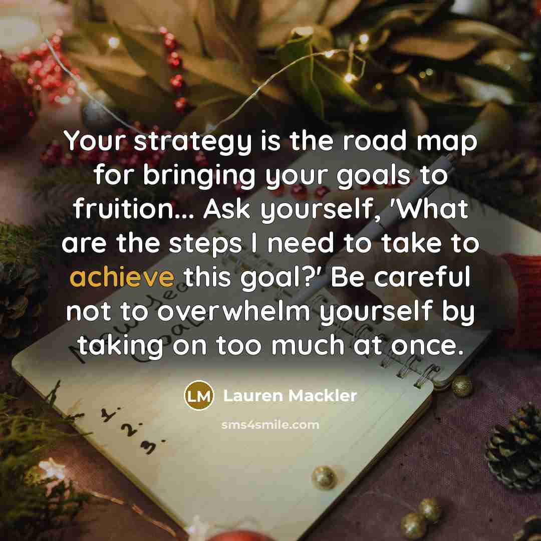 “Your strategy is the road map for bringing your goals to fruition... Ask yourself, 'What are the steps I need to take to achieve this goal?' Be careful not to overwhelm yourself by taking on too much at once.” quote by Lauren Mackler