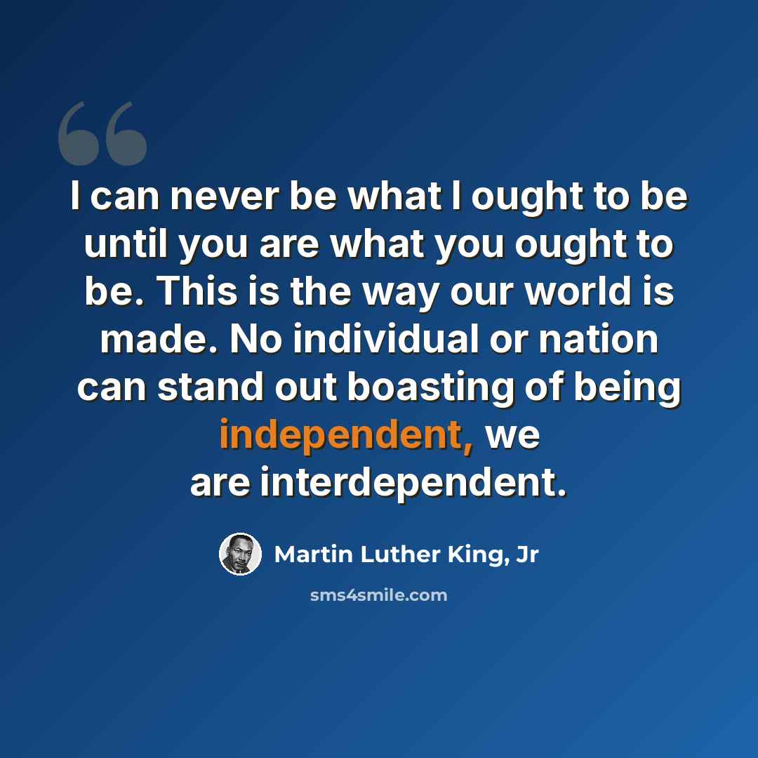 “I can never be what I ought to be until you are what you ought to be. This is the way our world is made. No individual or nation can stand out boasting of being independent, we are interdependent.” quote by Martin Luther King, Jr