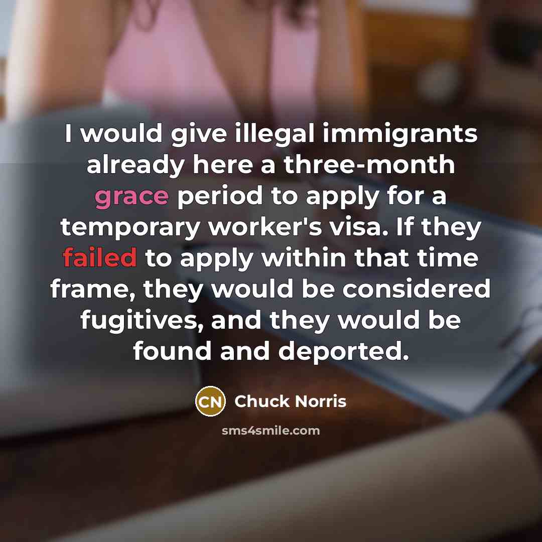 “I would give illegal immigrants already here a three-month grace period to apply for a temporary worker's visa. If they failed to apply within that time frame, they would be considered fugitives, and they would be found and deported.” quote by Chuck Norris