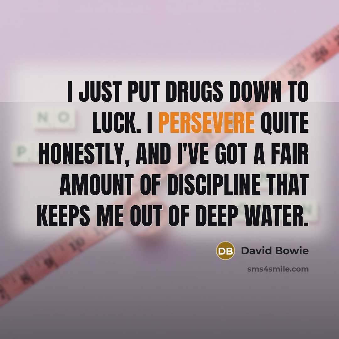 “I just put drugs down to luck. I persevere quite honestly, and I've got a fair amount of discipline that keeps me out of deep water.” quote by David Bowie