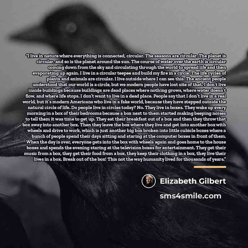 “I live in nature where everything is connected, circular. The seasons are circular. The planet is circular, and so is the planet around the sun. The course of water over the earth is circular coming down from the sky and circulating through the world to spread life and then evaporating up again. I…” quote by Elizabeth Gilbert