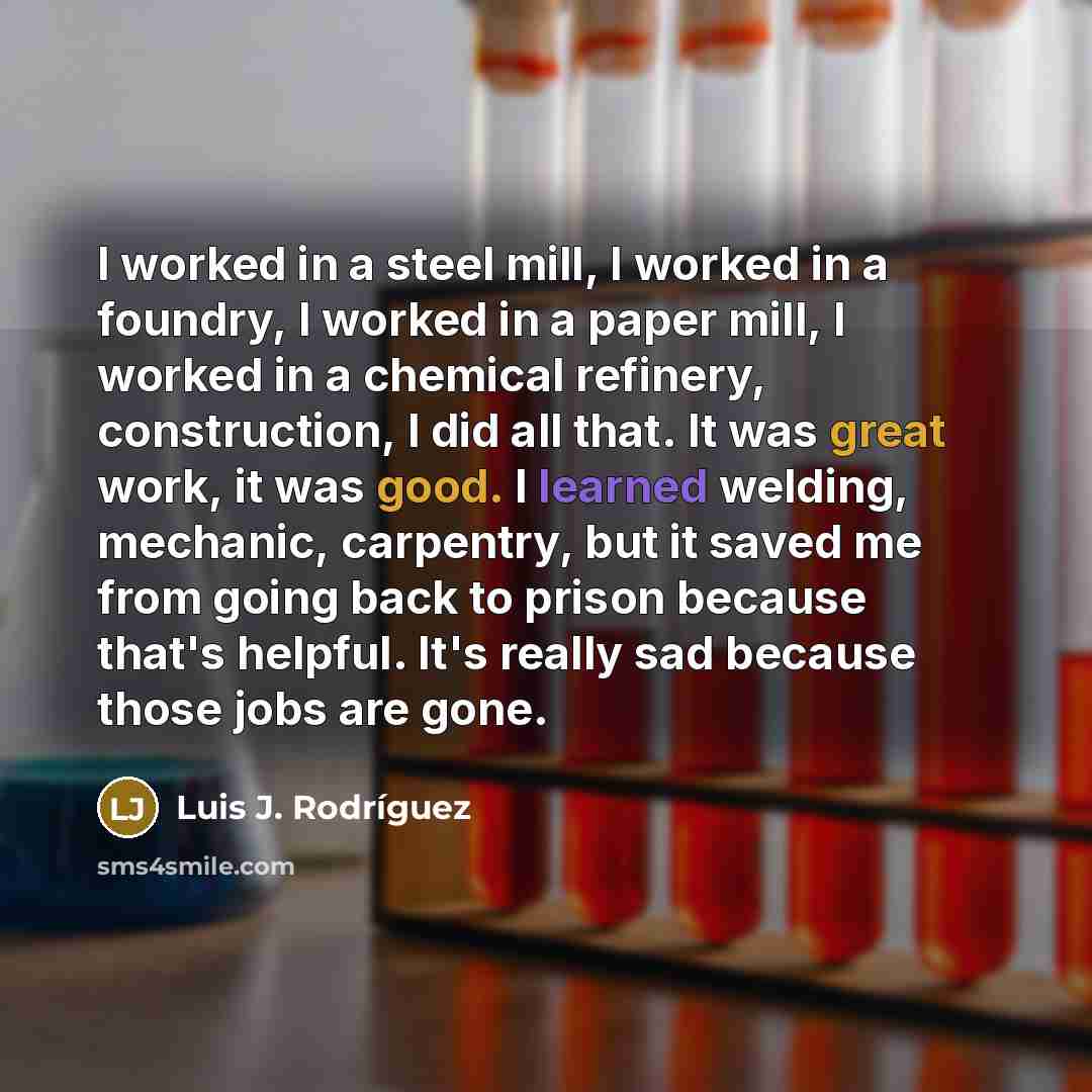 “I worked in a steel mill, I worked in a foundry, I worked in a paper mill, I worked in a chemical refinery, construction, I did all that. It was great work, it was good. I learned welding, mechanic, carpentry, but it saved me from going back to prison because that's helpful. It's really sad…” quote by Luis J. Rodriguez