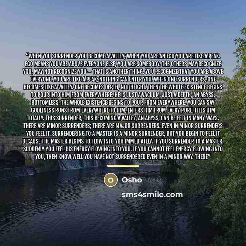 “When you surrender you become a valley; when you are an ego you are like a peak. Ego means you are above everyone else, you are somebody. The others may recognize you, may not recognize you – that is another thing. You recognize that you are above everyone. You are like a peak; nothing can enter…” quote by Osho