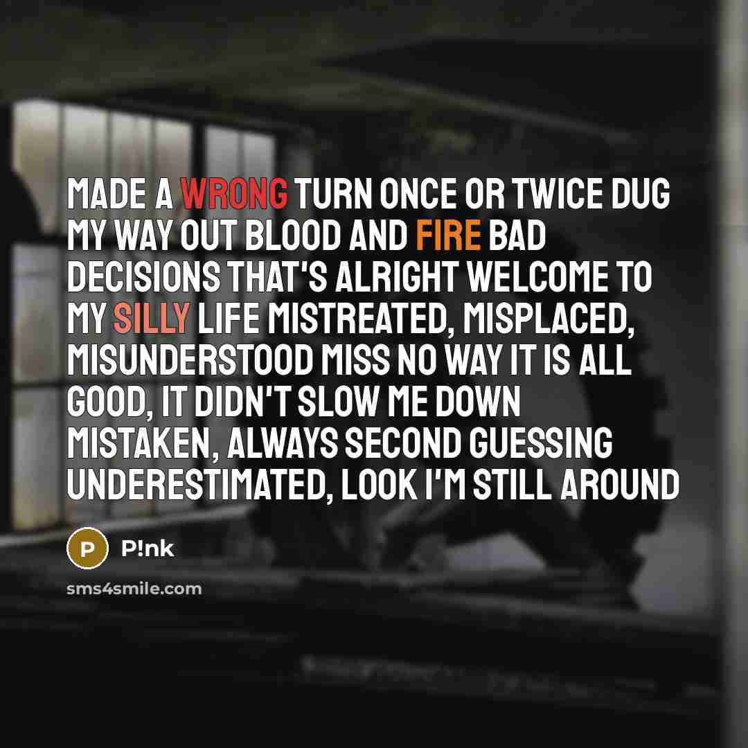 “Made a wrong turn Once or twice Dug my way out Blood and fire Bad decisions That's alright Welcome to my Silly life Mistreated, Misplaced, Misunderstood Miss no way it is all good, it didn't slow me down Mistaken, always second guessing Underestimated, look I'm still around” quote by P!nk
