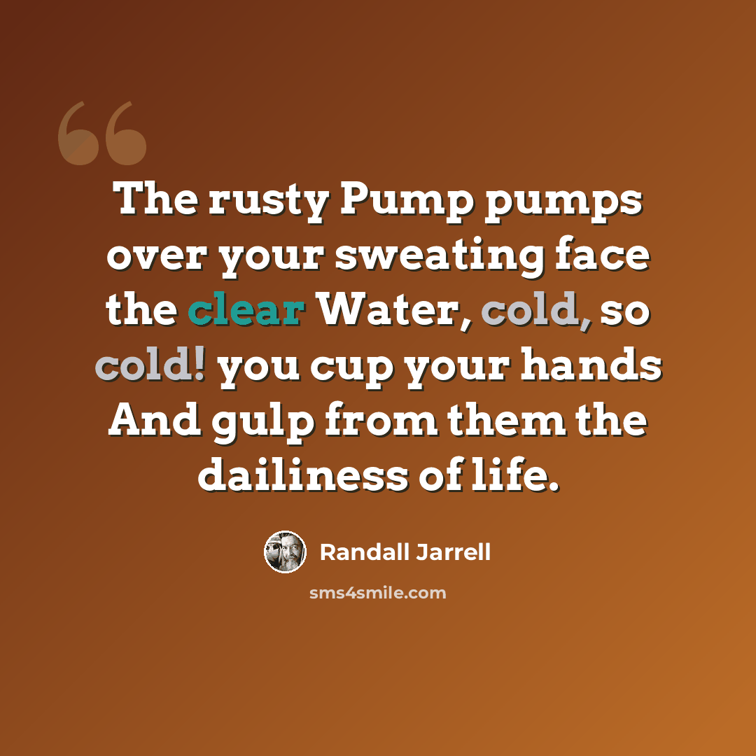 “The rusty Pump pumps over your sweating face the clear Water, cold, so cold! you cup your hands And gulp from them the dailiness of life.” quote by Randall Jarrell
