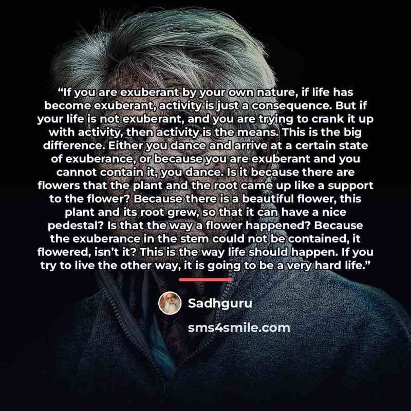 “If you are exuberant by your own nature, if life has become exuberant, activity is just a consequence. But if your life is not exuberant, and you are trying to crank it up with activity, then activity is the means. This is the big difference. Either you dance and arrive at a certain state of…” quote by Sadhguru
