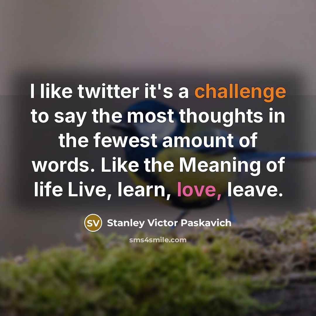 “I like twitter it's a challenge to say the most thoughts in the fewest amount of words. Like the Meaning of life Live, learn, love, leave.” quote by Stanley Victor Paskavich