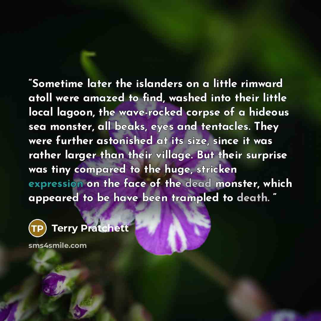 “Sometime later the islanders on a little rimward atoll were amazed to find, washed into their little local lagoon, the wave-rocked corpse of a hideous sea monster, all beaks, eyes and tentacles. They were further astonished at its size, since it was rather larger than their village. But their…” quote by Terry Pratchett