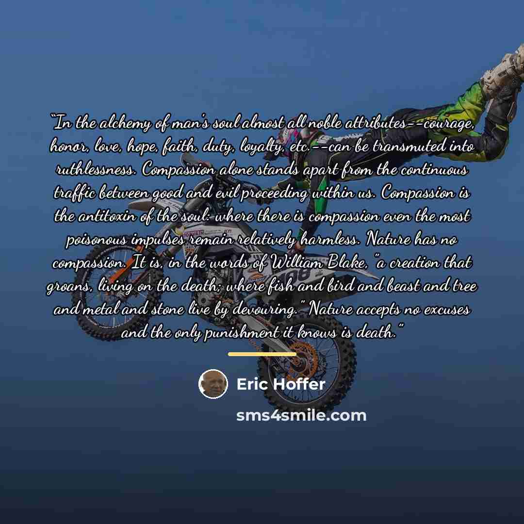 “In the alchemy of man's soul almost all noble attributes--courage, honor, love, hope, faith, duty, loyalty, etc.--can be transmuted into ruthlessness. Compassion alone stands apart from the continuous traffic between good and evil proceeding within us. Compassion is the antitoxin of the soul…” quote by Eric Hoffer