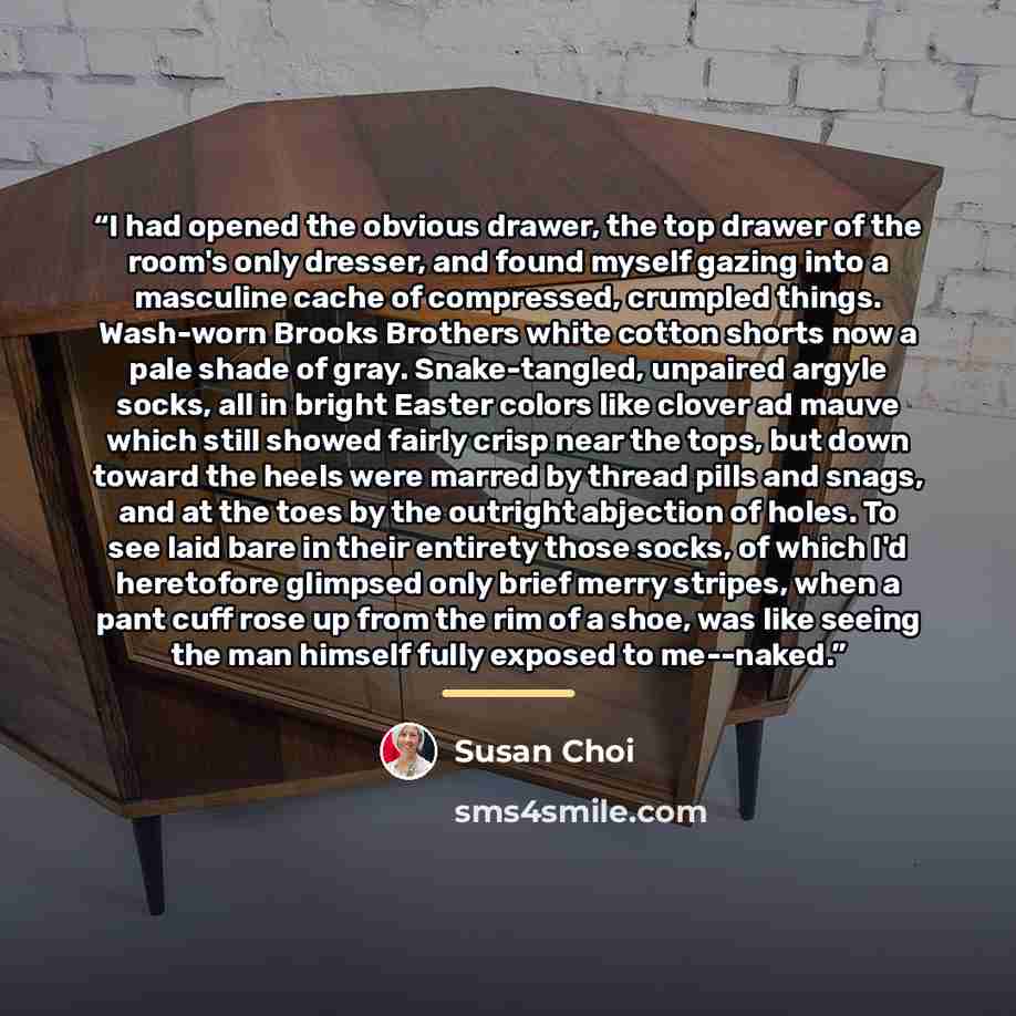 “I had opened the obvious drawer, the top drawer of the room's only dresser, and found myself gazing into a masculine cache of compressed, crumpled things. Wash-worn Brooks Brothers white cotton shorts now a pale shade of gray. Snake-tangled, unpaired argyle socks, all in bright Easter colors like…” quote by Susan Choi