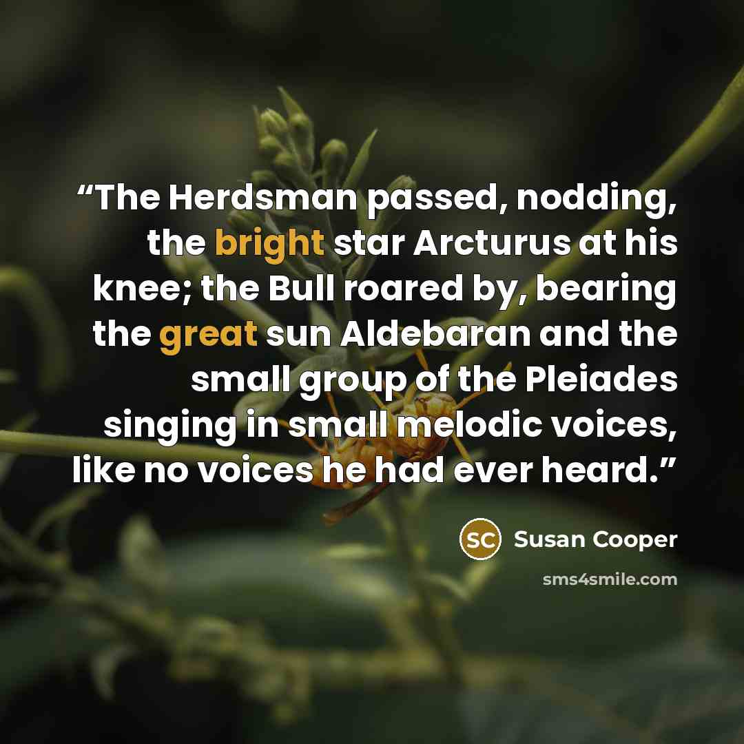 “The Herdsman passed, nodding, the bright star Arcturus at his knee; the Bull roared by, bearing the great sun Aldebaran and the small group of the Pleiades singing in small melodic voices, like no voices he had ever heard.” quote by Susan Cooper