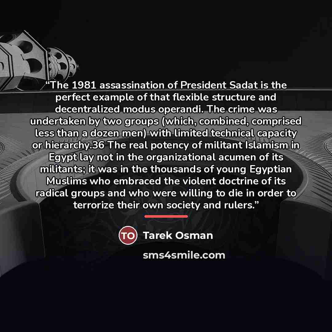 “The 1981 assassination of President Sadat is the perfect example of that flexible structure and decentralized modus operandi. The crime was undertaken by two groups (which, combined, comprised less than a dozen men) with limited technical capacity or hierarchy.36 The real potency of militant…” quote by Tarek Osman