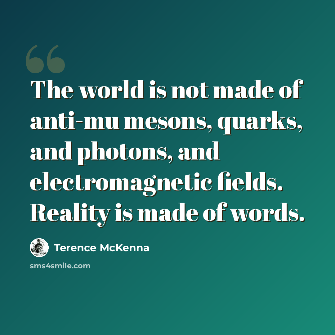 “The world is not made of anti-mu mesons, quarks, and photons, and electromagnetic fields. Reality is made of words.” quote by Terence McKenna