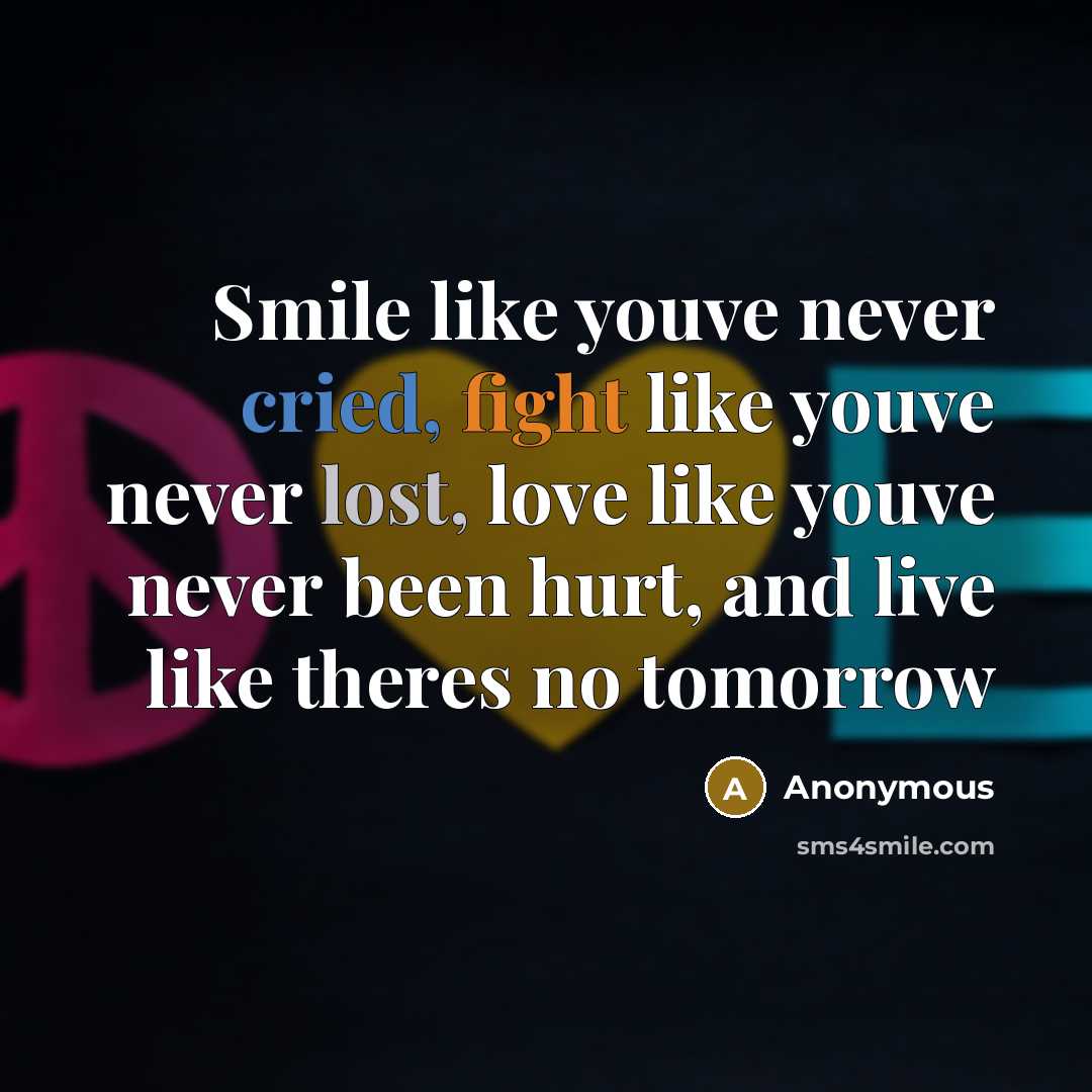 “Smile like youve never cried, fight like youve never lost, love like youve never been hurt, and live like theres no tomorrow” quote by Anonymous