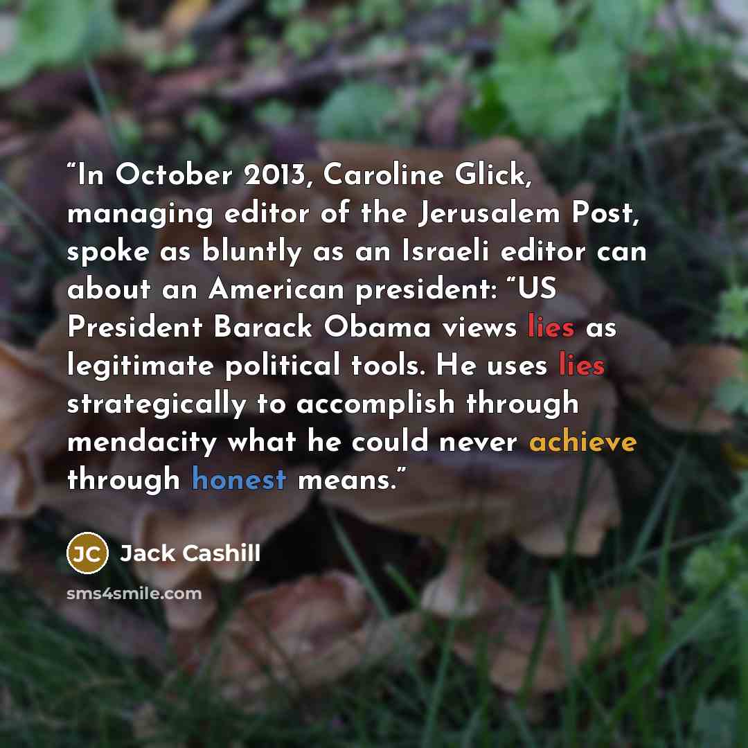 “In October 2013, Caroline Glick, managing editor of the Jerusalem Post, spoke as bluntly as an Israeli editor can about an American president: “US President Barack Obama views lies as legitimate political tools. He uses lies strategically to accomplish through mendacity what he could never achieve…” quote by Jack Cashill