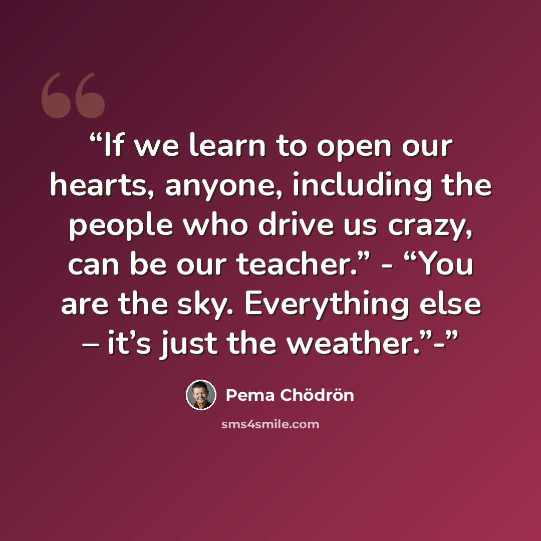 “If we learn to open our hearts, anyone, including the people who drive us crazy, can be our teacher.” - “You are the sky. Everything else – it’s just the weather.”-” quote by Pema Chodron