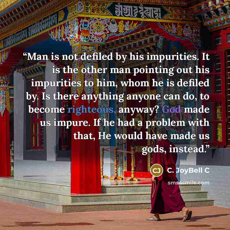 “Man is not defiled by his impurities. It is the other man pointing out his impurities to him, whom he is defiled by. Is there anything anyone can do, to become righteous, anyway? God made us impure. If he had a problem with that, He would have made us gods, instead.” quote by C. JoyBell C