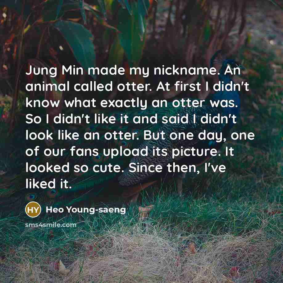 “Jung Min made my nickname. An animal called otter. At first I didn't know what exactly an otter was. So I didn't like it and said I didn't look like an otter. But one day, one of our fans upload its picture. It looked so cute. Since then, I've liked it.” quote by Heo Young-saeng