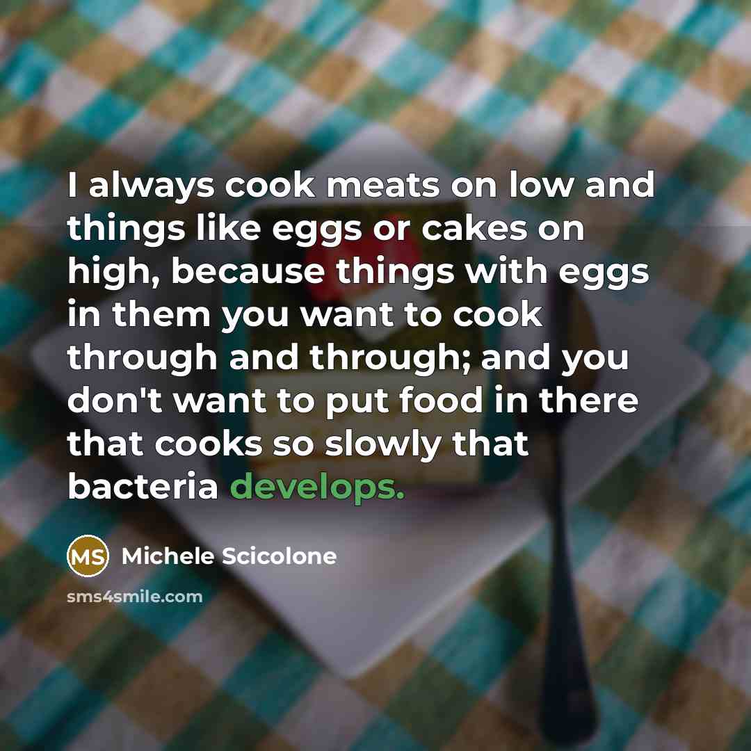 “I always cook meats on low and things like eggs or cakes on high, because things with eggs in them you want to cook through and through; and you don't want to put food in there that cooks so slowly that bacteria develops.” quote by Michele Scicolone