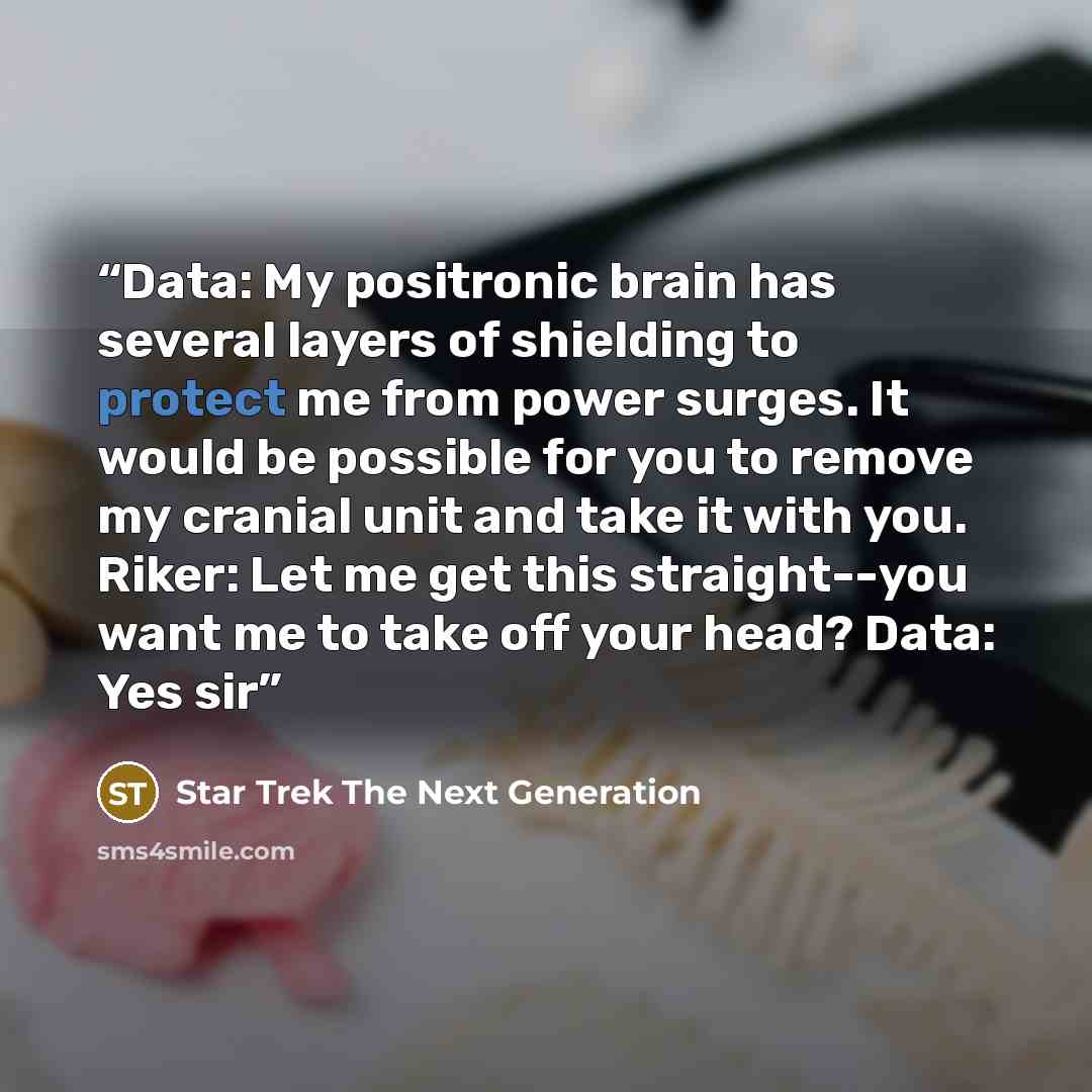 “Data: My positronic brain has several layers of shielding to protect me from power surges. It would be possible for you to remove my cranial unit and take it with you. Riker: Let me get this straight--you want me to take off your head? Data: Yes sir” quote by Star Trek The Next Generation