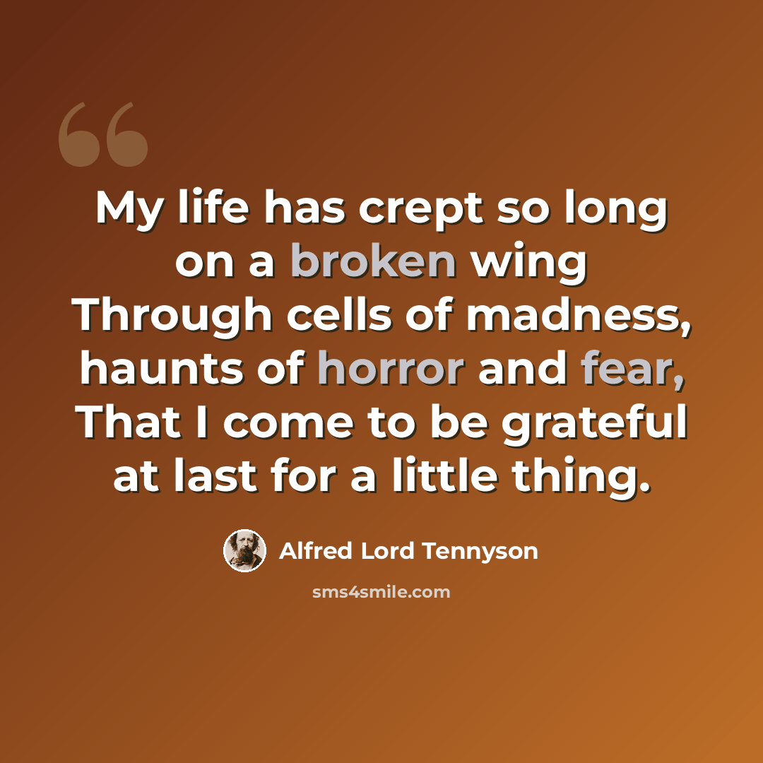 “My life has crept so long on a broken wing Through cells of madness, haunts of horror and fear, That I come to be grateful at last for a little thing.” quote by Alfred Lord Tennyson
