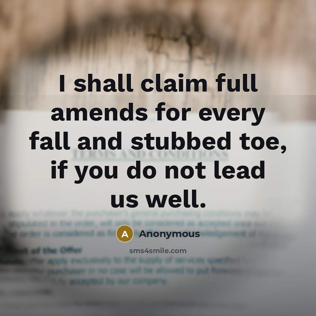 “I shall claim full amends for every fall and stubbed toe, if you do not lead us well.” quote by Anonymous