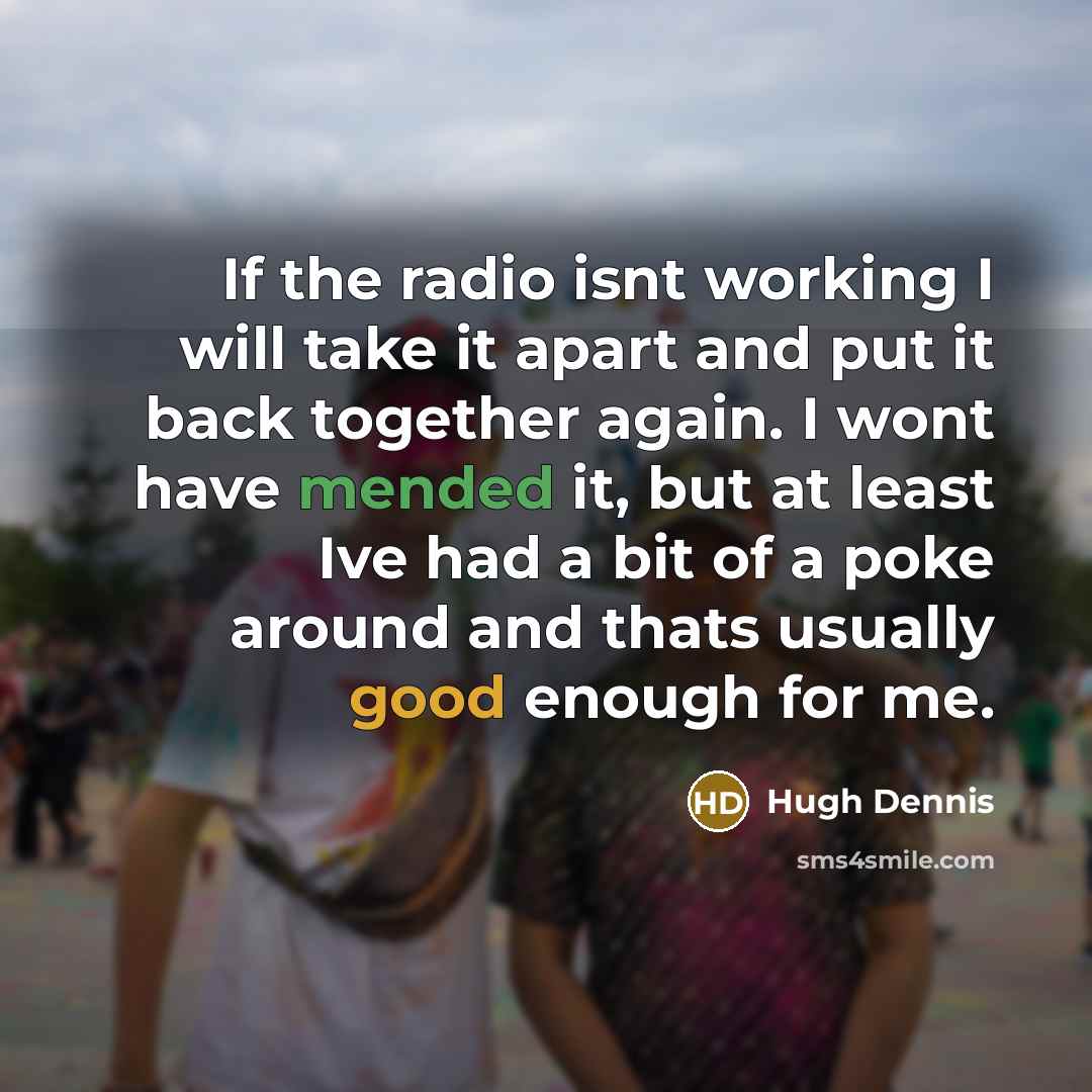 “If the radio isnt working I will take it apart and put it back together again. I wont have mended it, but at least Ive had a bit of a poke around and thats usually good enough for me.” quote by Hugh Dennis