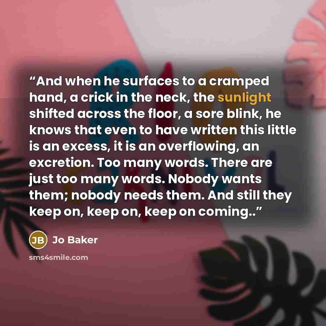 “And when he surfaces to a cramped hand, a crick in the neck, the sunlight shifted across the floor, a sore blink, he knows that even to have written this little is an excess, it is an overflowing, an excretion. Too many words. There are just too many words. Nobody wants them; nobody needs them…” quote by Jo Baker