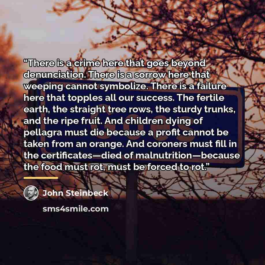 “There is a crime here that goes beyond denunciation. There is a sorrow here that weeping cannot symbolize. There is a failure here that topples all our success. The fertile earth, the straight tree rows, the sturdy trunks, and the ripe fruit. And children dying of pellagra must die because a…” quote by John Steinbeck