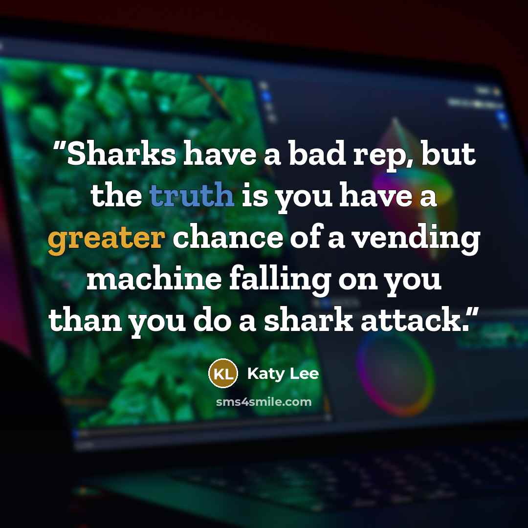 “Sharks have a bad rep, but the truth is you have a greater chance of a vending machine falling on you than you do a shark attack.” quote by Katy Lee