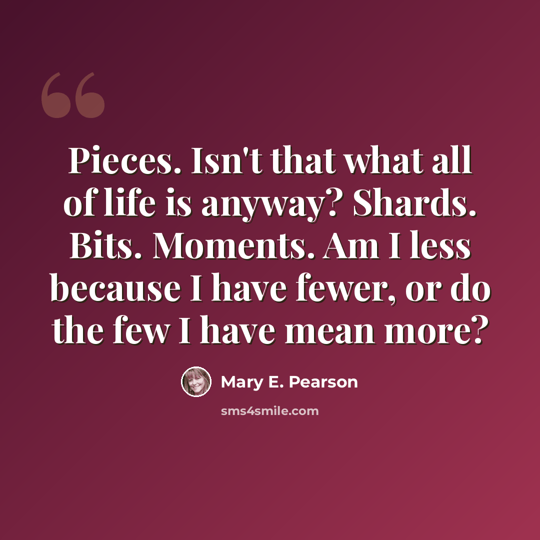 “Pieces. Isn't that what all of life is anyway? Shards. Bits. Moments. Am I less because I have fewer, or do the few I have mean more?” quote by Mary E. Pearson