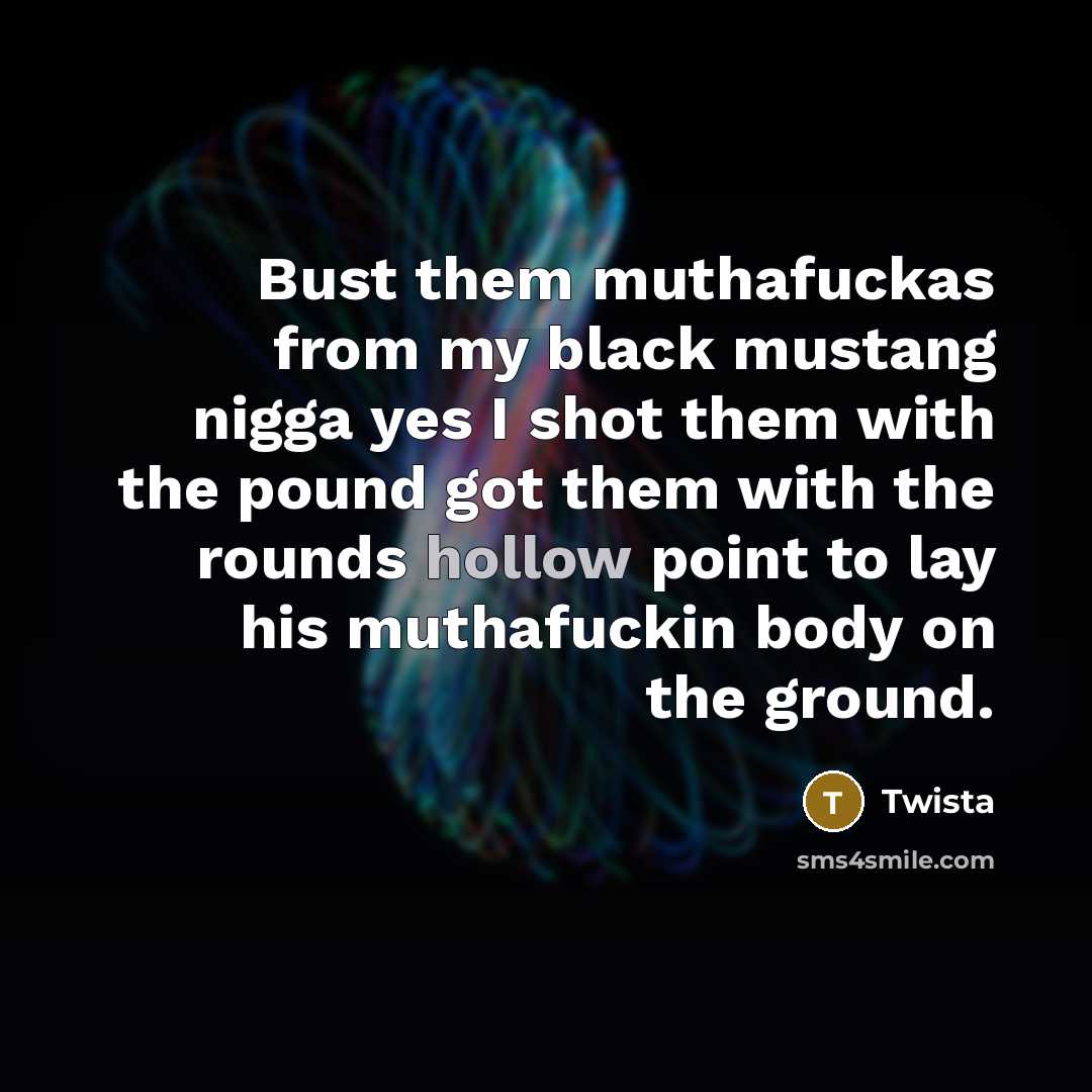 “Bust them muthafuckas from my black mustang nigga yes I shot them with the pound got them with the rounds hollow point to lay his muthafuckin body on the ground.” quote by Twista