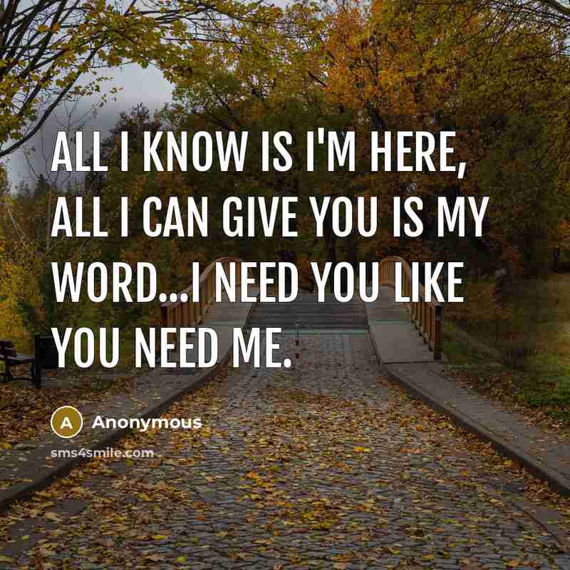 “All I know is I'm here, all I can give you is my word...I need you like you need me.” quote by Anonymous