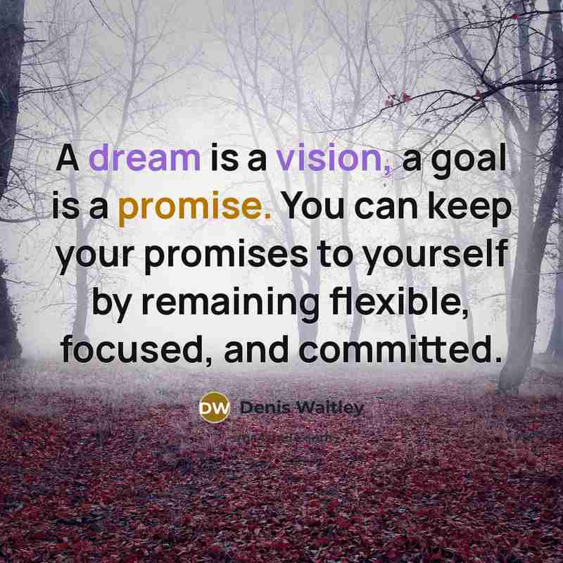 “A dream is a vision, a goal is a promise. You can keep your promises to yourself by remaining flexible, focused, and committed.” quote by Denis Waitley