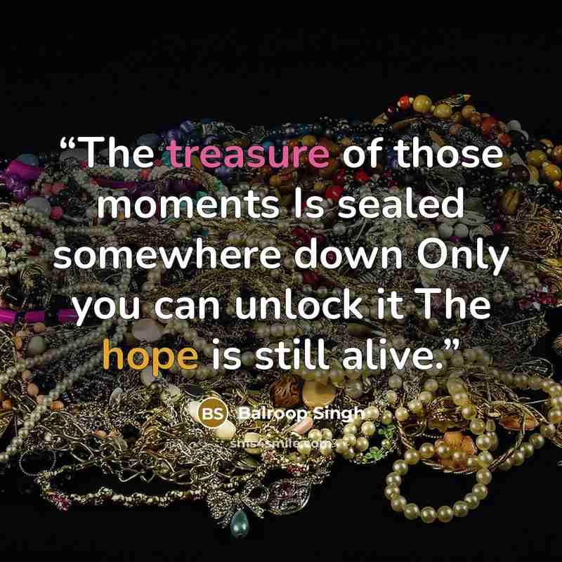 “The treasure of those moments Is sealed somewhere down Only you can unlock it The hope is still alive.” quote by Balroop Singh