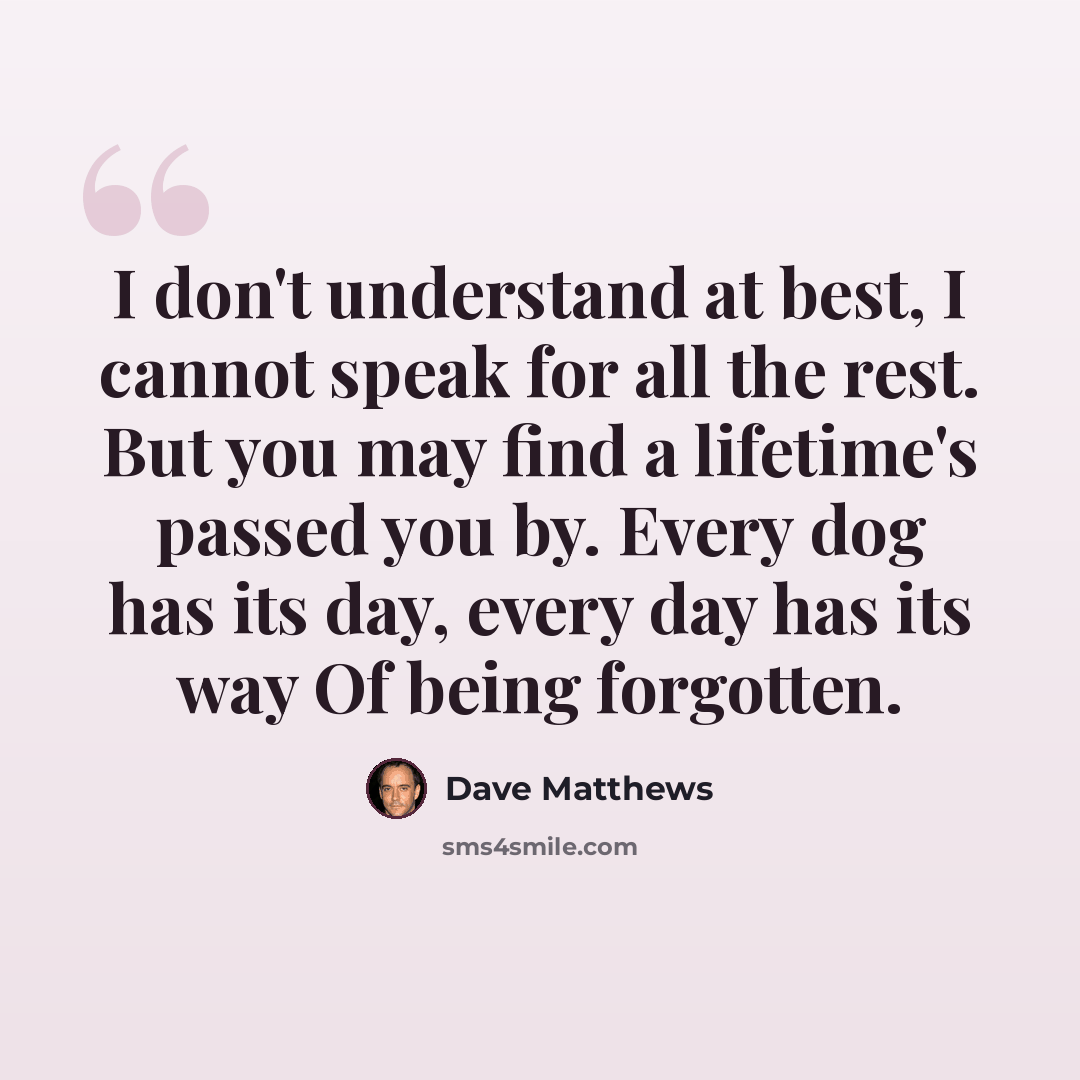 “I don't understand at best, I cannot speak for all the rest. But you may find a lifetime's passed you by. Every dog has its day, every day has its way Of being forgotten.” quote by Dave Matthews