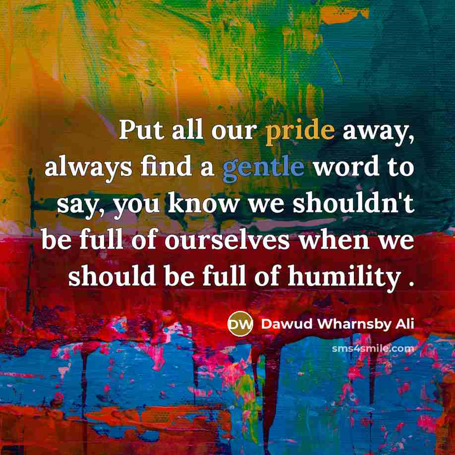 “Put all our pride away, always find a gentle word to say, you know we shouldn't be full of ourselves when we should be full of humility .” quote by Dawud Wharnsby Ali