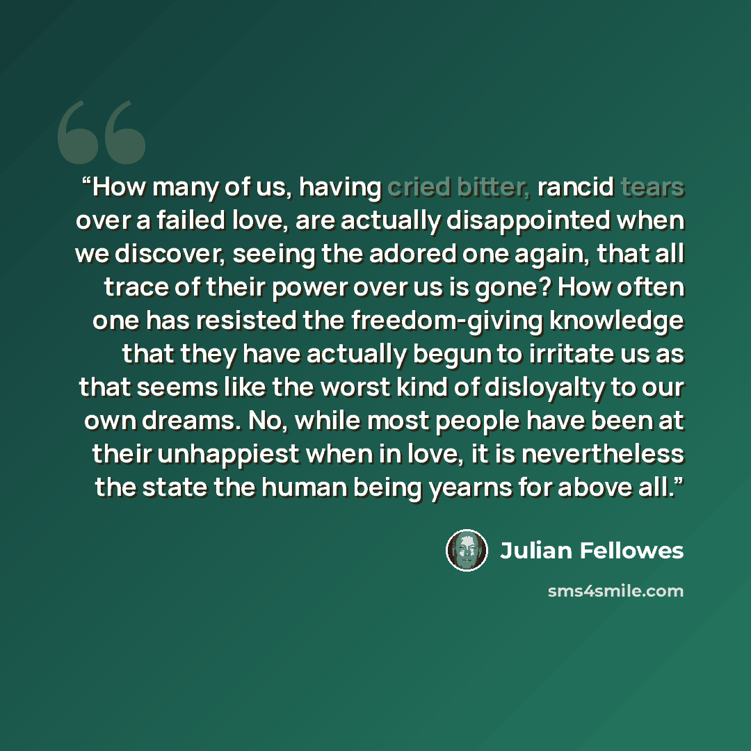 “How many of us, having cried bitter, rancid tears over a failed love, are actually disappointed when we discover, seeing the adored one again, that all trace of their power over us is gone? How often one has resisted the freedom-giving knowledge that they have actually begun to irritate us as that…” quote by Julian Fellowes