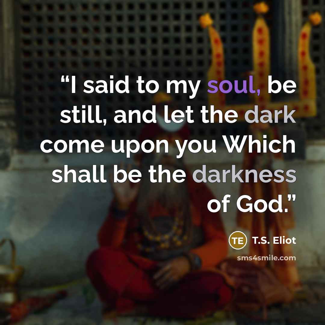 “I said to my soul, be still, and let the dark come upon you Which shall be the darkness of God.” quote by T.S. Eliot