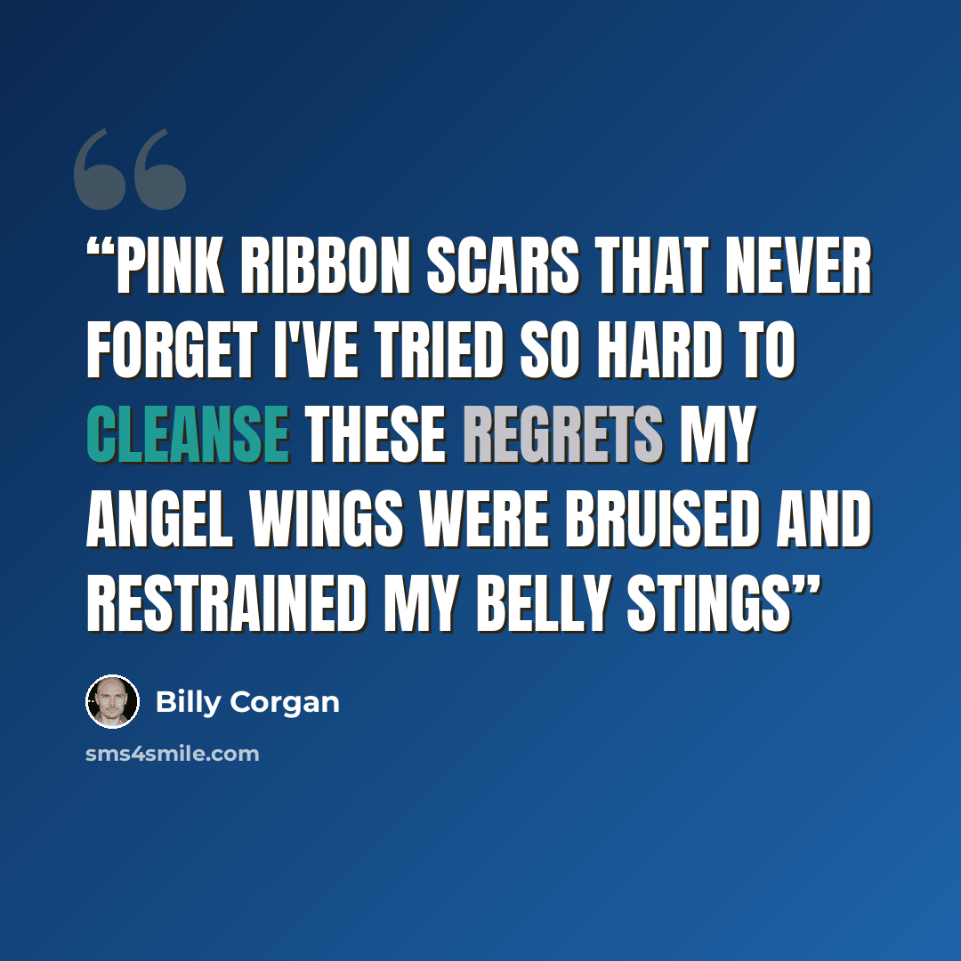 “Pink ribbon scars That never forget I've tried so hard To cleanse these regrets My angel wings Were bruised and restrained My belly stings” quote by Billy Corgan