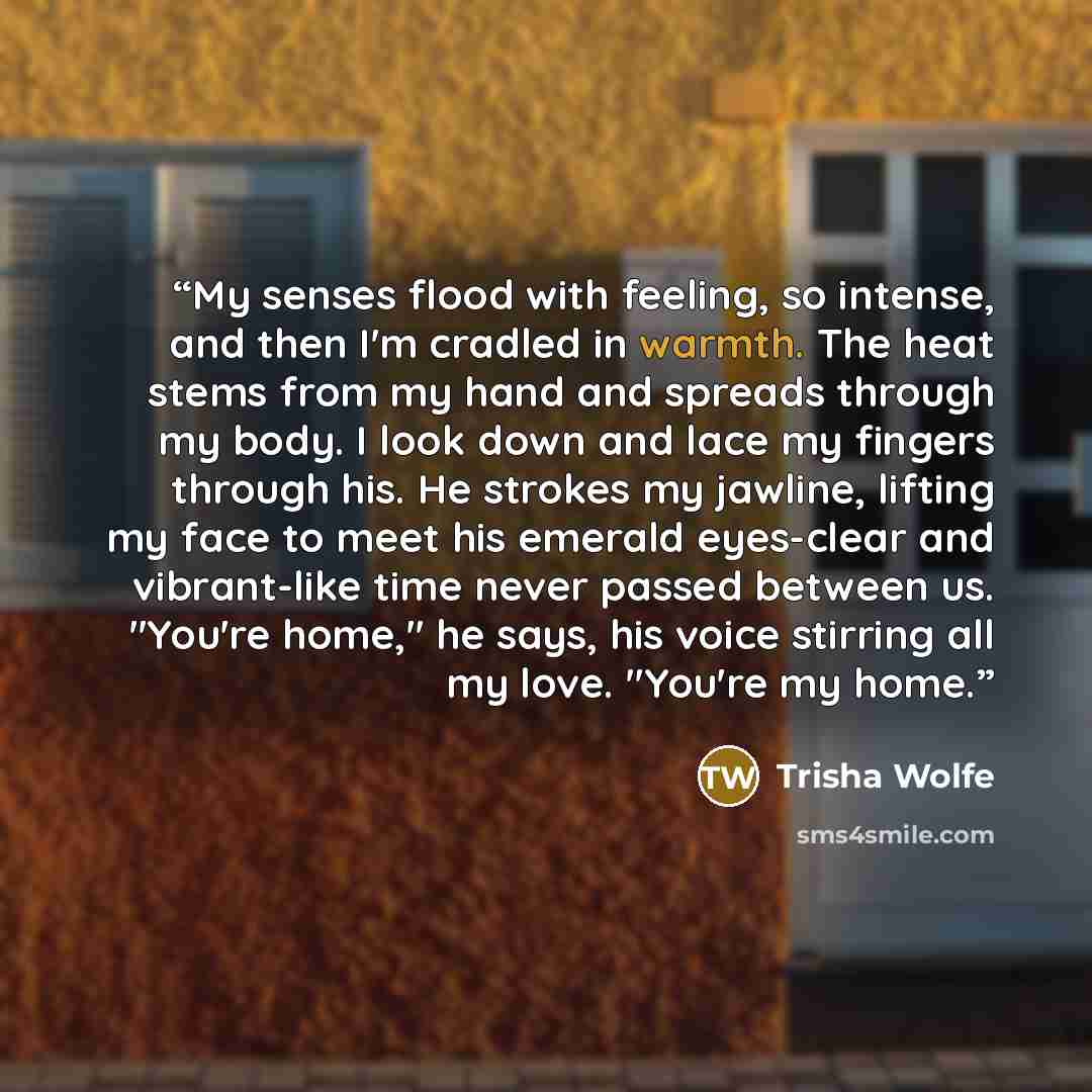 “My senses flood with feeling, so intense, and then I'm cradled in warmth. The heat stems from my hand and spreads through my body. I look down and lace my fingers through his. He strokes my jawline, lifting my face to meet his emerald eyes-clear and vibrant-like time never passed between us…” quote by Trisha Wolfe